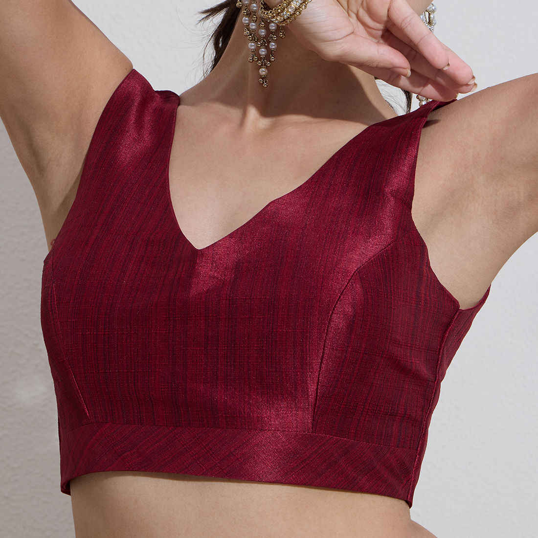The Blouse Originals Metallic Red Silk Brocade V-Neck Readymade Saree Blouse