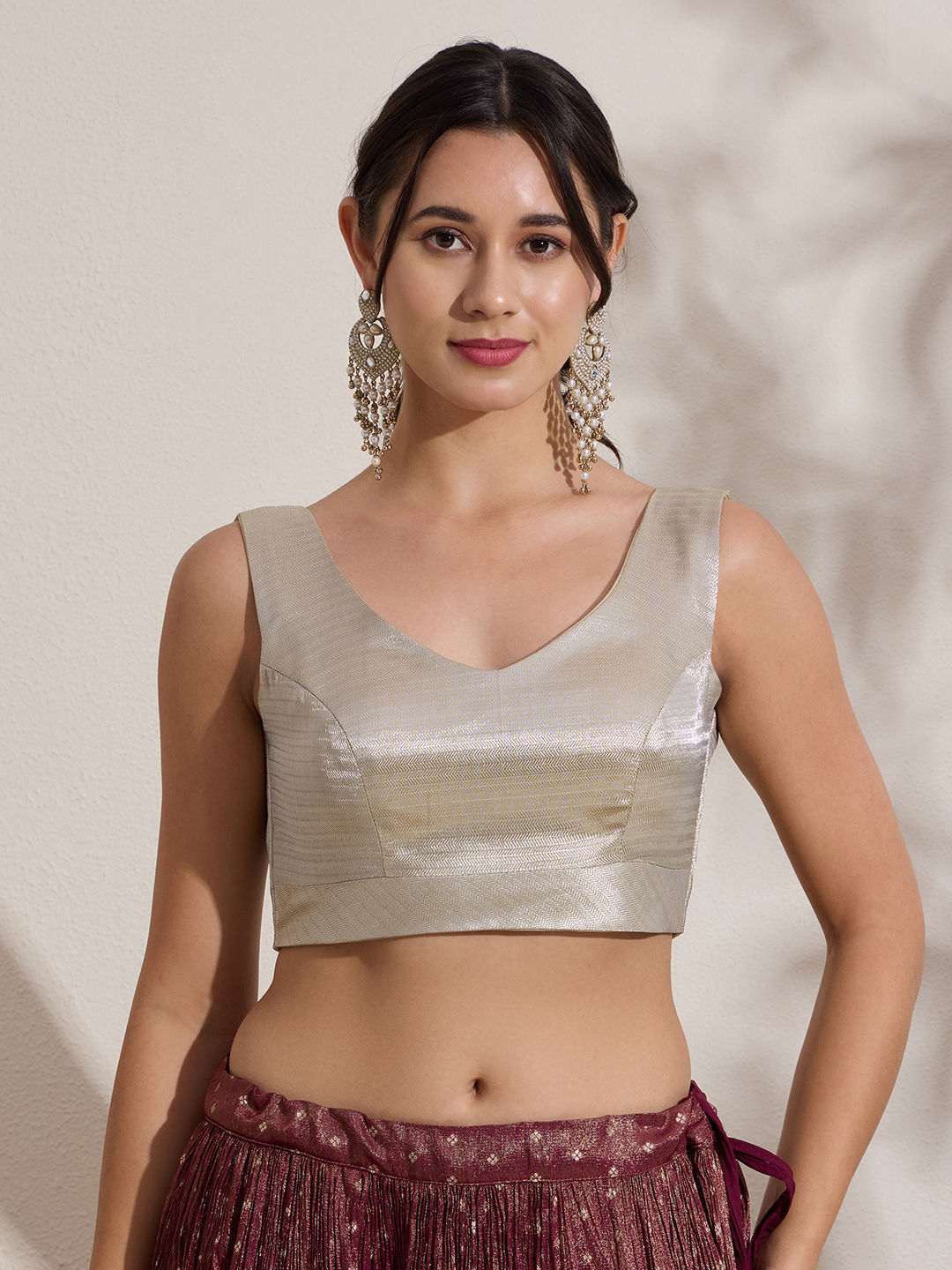 The Blouse Originals Metallic Silver Silk Brocade V-Neck Readymade Saree Blouse