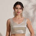 The Blouse Originals Metallic Silver Silk Brocade V-Neck Readymade Saree Blouse