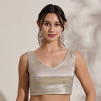 The Blouse Originals Metallic Silver Silk Brocade V-Neck Readymade Saree Blouse