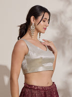 The Blouse Originals Metallic Silver Silk Brocade V-Neck Readymade Saree Blouse