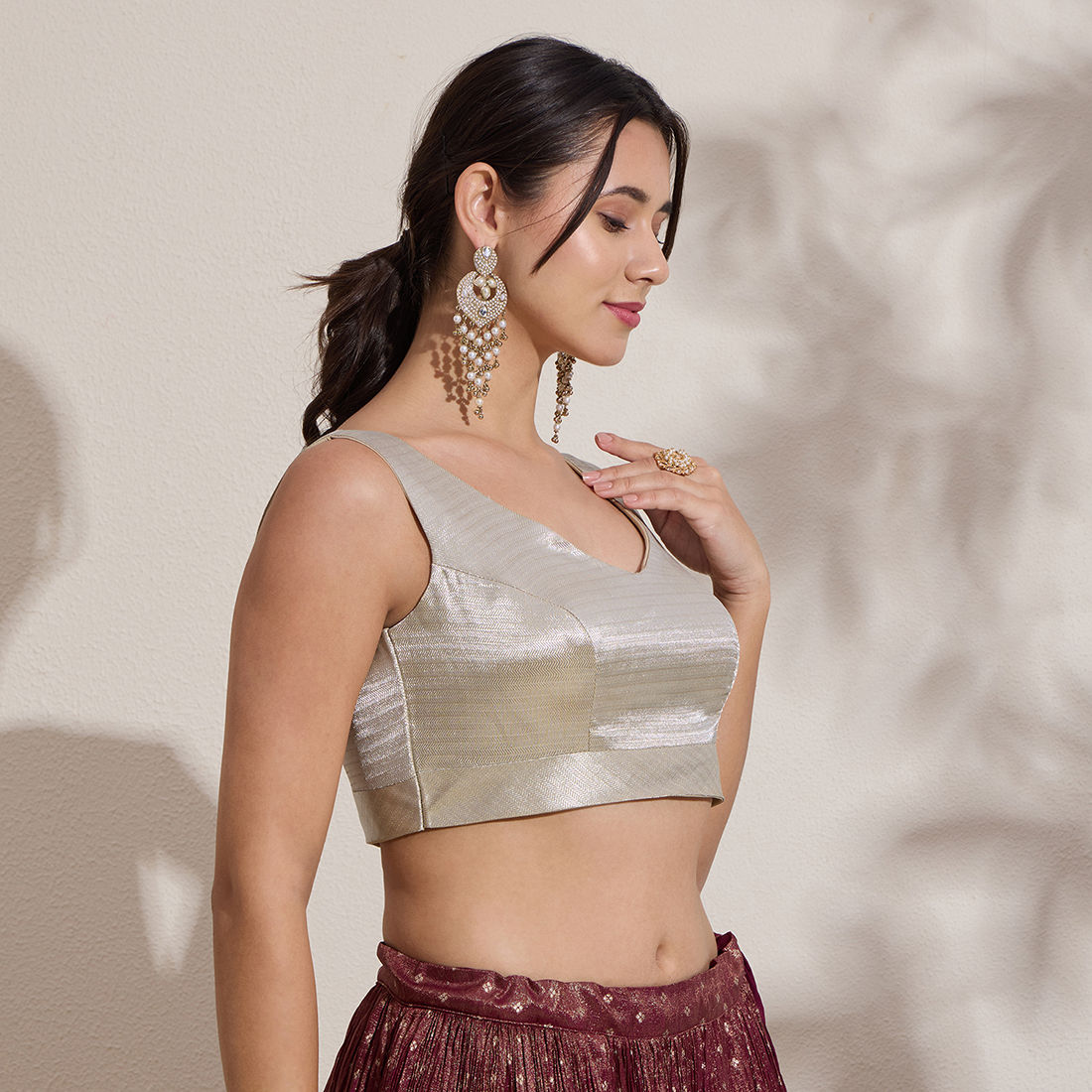 The Blouse Originals Metallic Silver Silk Brocade V-Neck Readymade Saree Blouse
