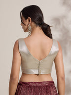 The Blouse Originals Metallic Silver Silk Brocade V-Neck Readymade Saree Blouse