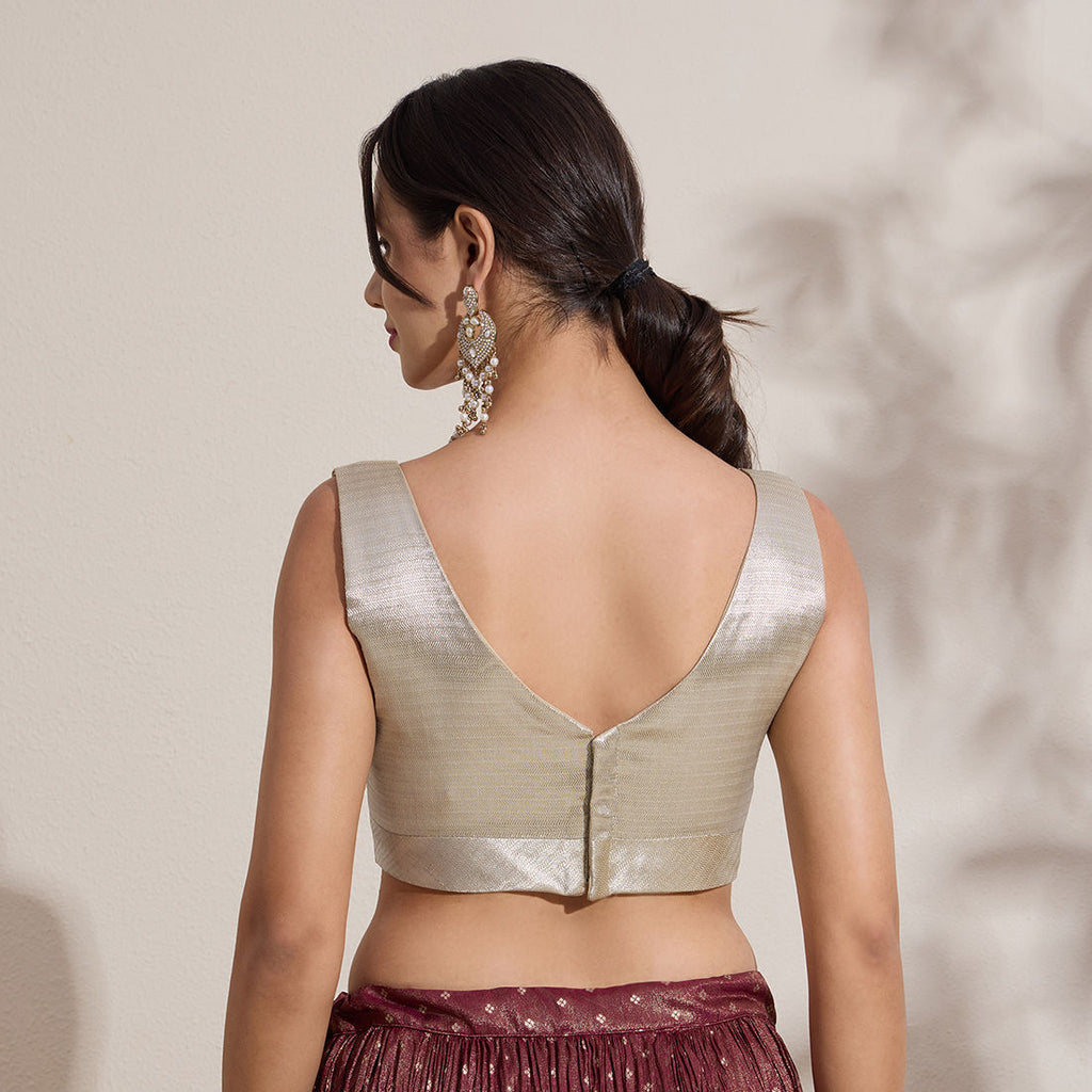 The Blouse Originals Metallic Silver Silk Brocade V-Neck Readymade Saree Blouse
