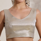 The Blouse Originals Metallic Silver Silk Brocade V-Neck Readymade Saree Blouse