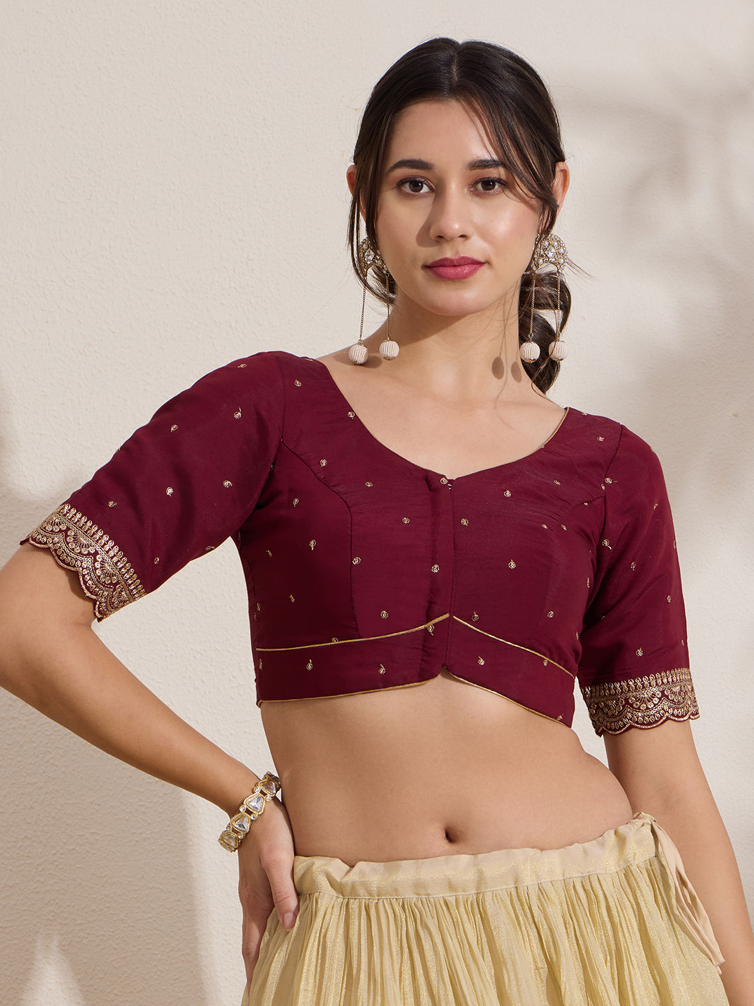 The Blouse Originals Maroon Butti Silk Sweetheart Neck Padded Readymade Saree Blouse