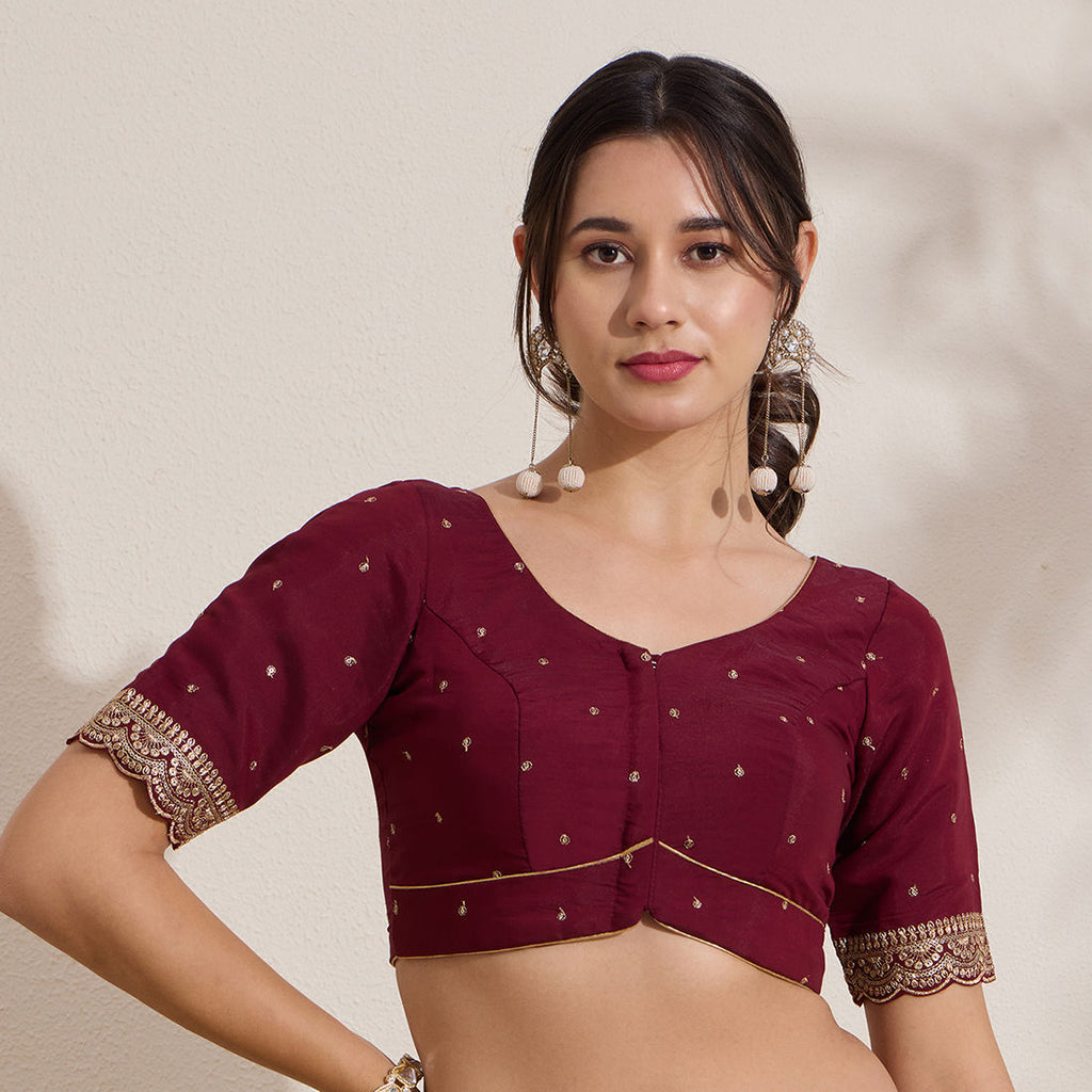The Blouse Originals Maroon Butti Silk Sweetheart Neck Padded Readymade Saree Blouse
