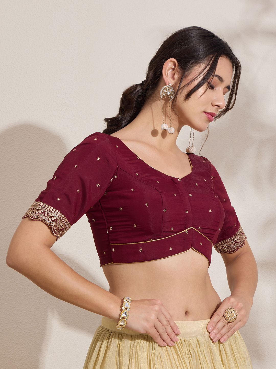 The Blouse Originals Maroon Butti Silk Sweetheart Neck Padded Readymade Saree Blouse