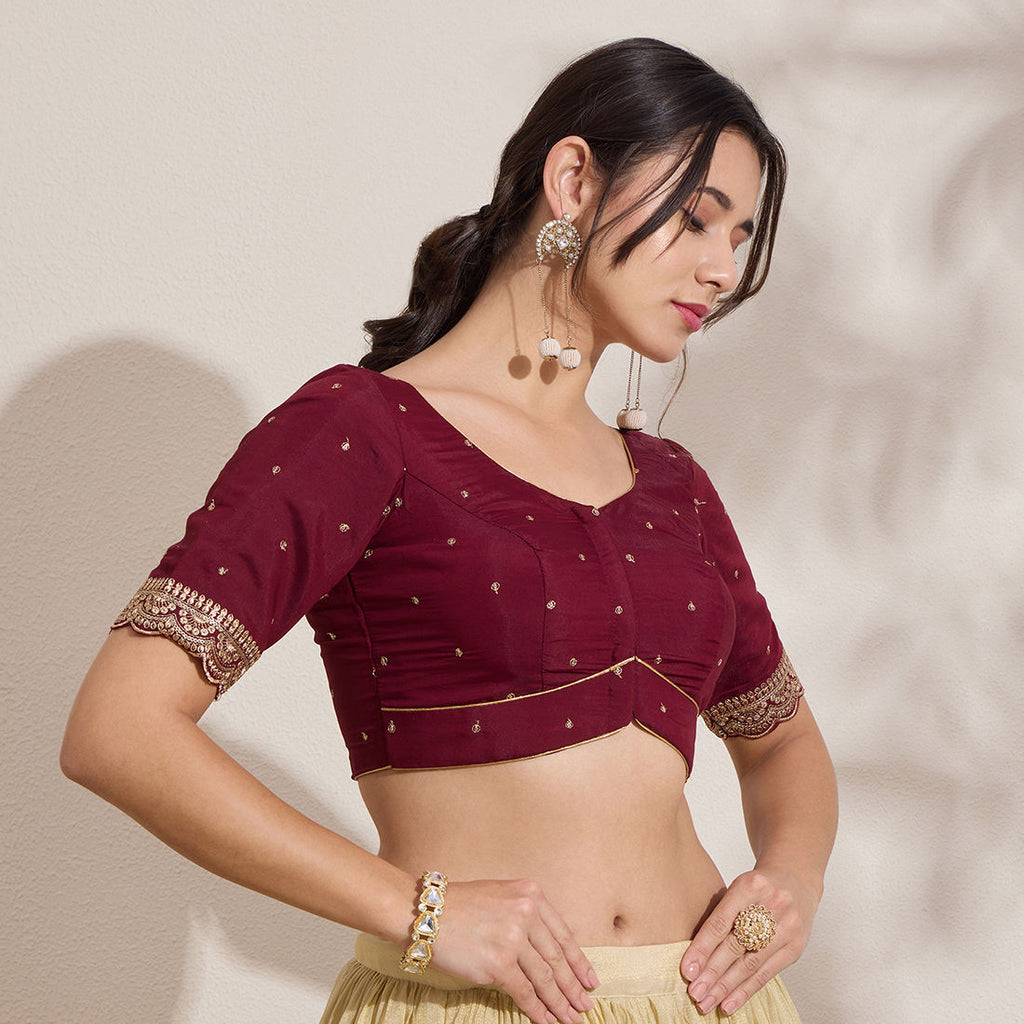 The Blouse Originals Maroon Butti Silk Sweetheart Neck Padded Readymade Saree Blouse