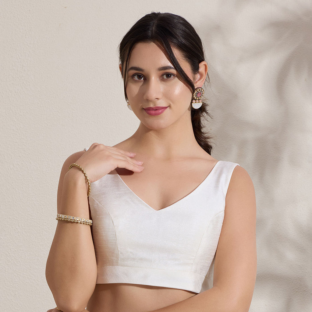 The Blouse Originals White Silk Brocade V-Neck Readymade Saree Blouse