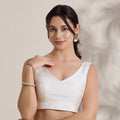 The Blouse Originals White Silk Brocade V-Neck Readymade Saree Blouse