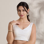 The Blouse Originals White Silk Brocade V-Neck Readymade Saree Blouse