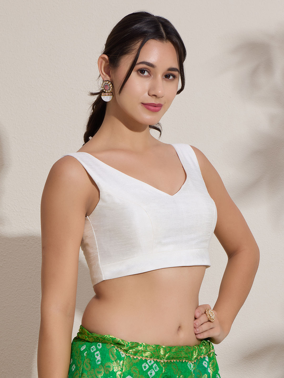 The Blouse Originals White Silk Brocade V-Neck Readymade Saree Blouse