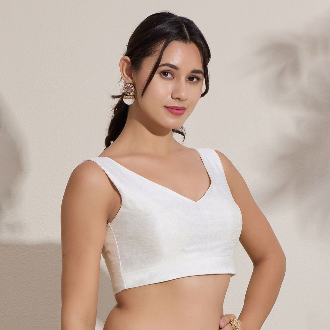 The Blouse Originals White Silk Brocade V-Neck Readymade Saree Blouse