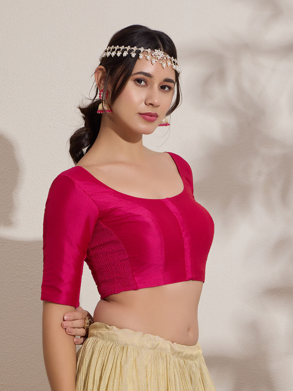The Blouse Originals Stretchable Pink Silk Round Neck Flexi Fit Padded Readymade Saree Blouse