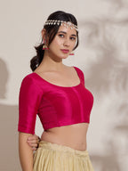 The Blouse Originals Stretchable Pink Silk Round Neck Flexi Fit Padded Readymade Saree Blouse