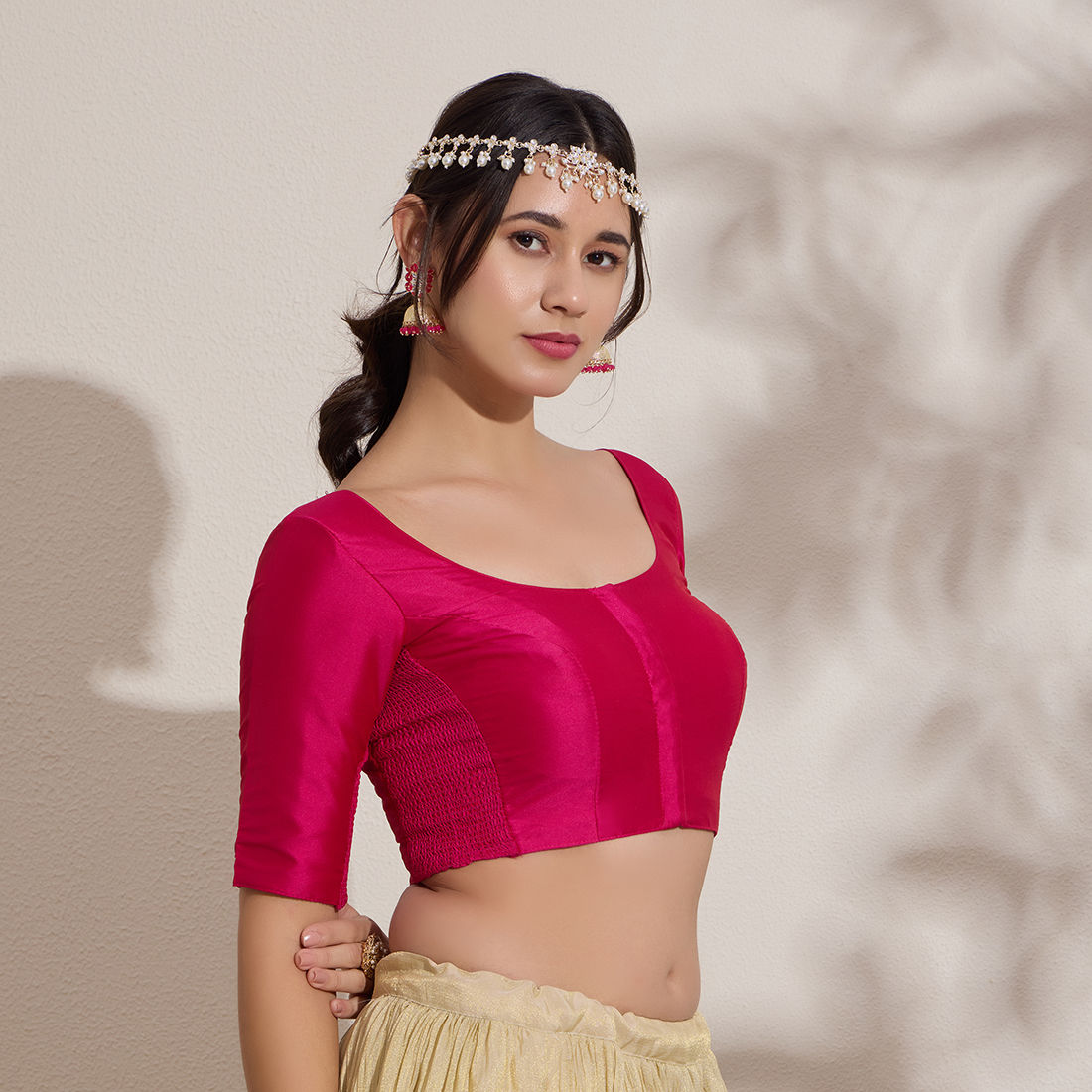 The Blouse Originals Stretchable Pink Silk Round Neck Flexi Fit Padded Readymade Saree Blouse