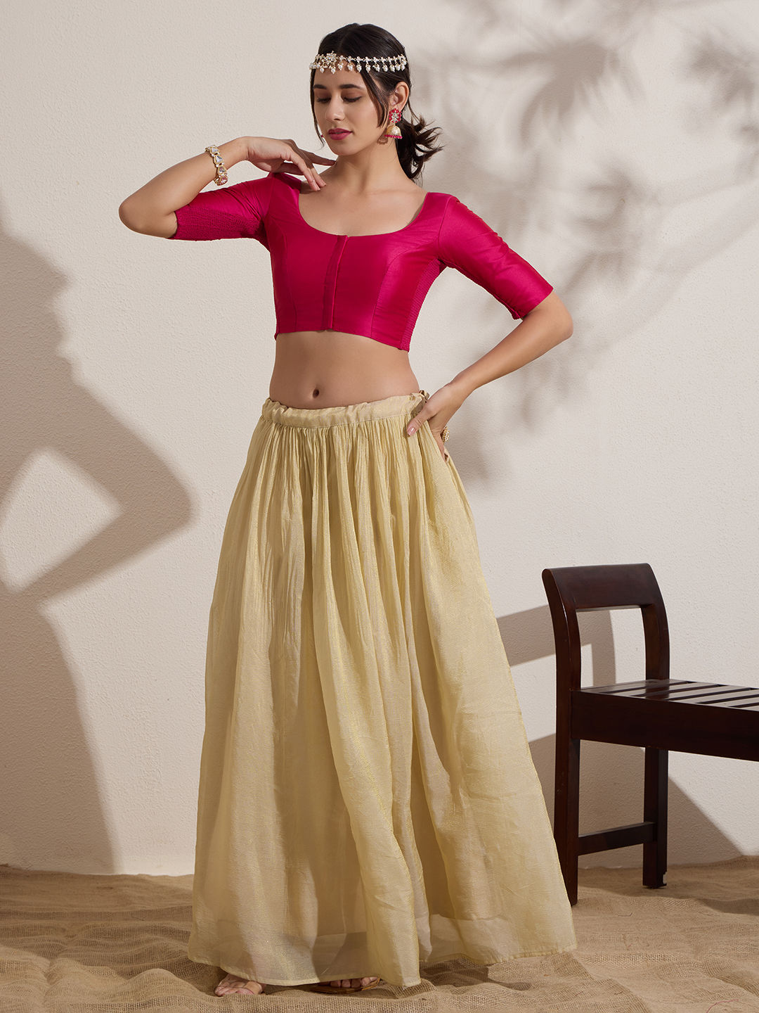 The Blouse Originals Stretchable Pink Silk Round Neck Flexi Fit Padded Readymade Saree Blouse