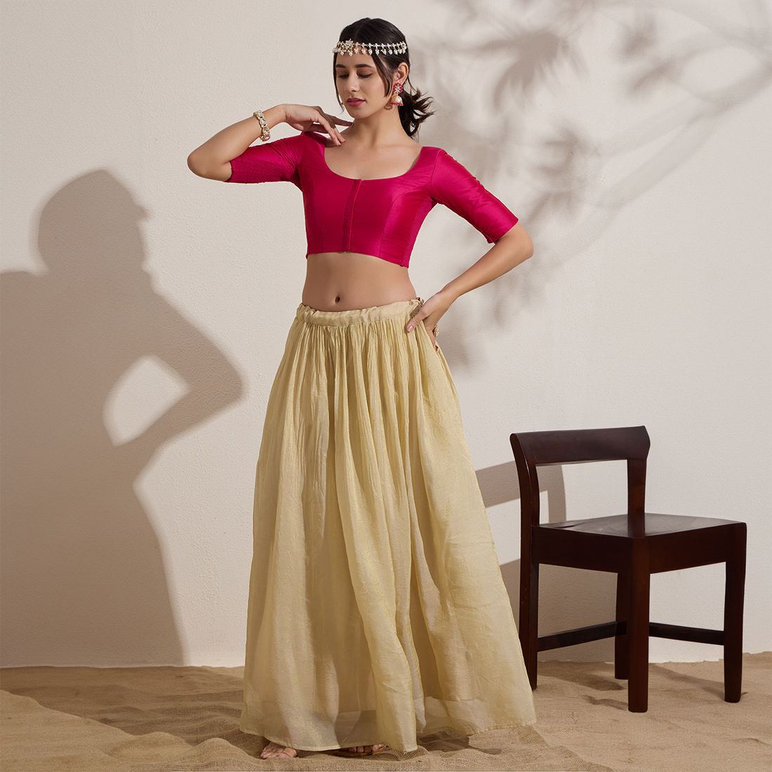 The Blouse Originals Stretchable Pink Silk Round Neck Flexi Fit Padded Readymade Saree Blouse
