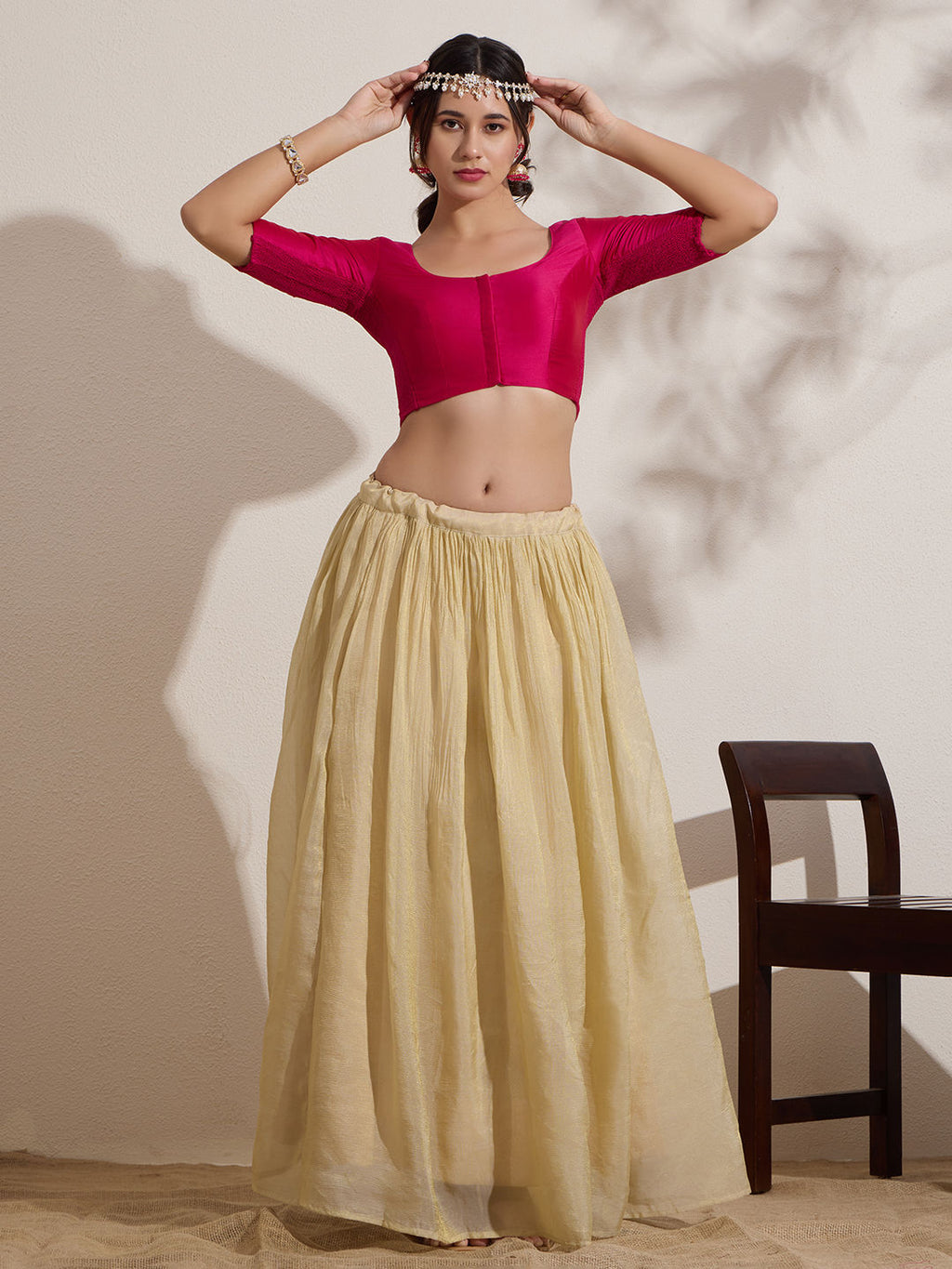The Blouse Originals Stretchable Pink Silk Round Neck Flexi Fit Padded Readymade Saree Blouse