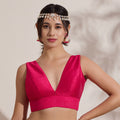 The Blouse Originals Pink Silk Deep V Neck Sleeveless Padded Readymade Saree Blouse