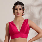 The Blouse Originals Pink Silk Deep V Neck Sleeveless Padded Readymade Saree Blouse