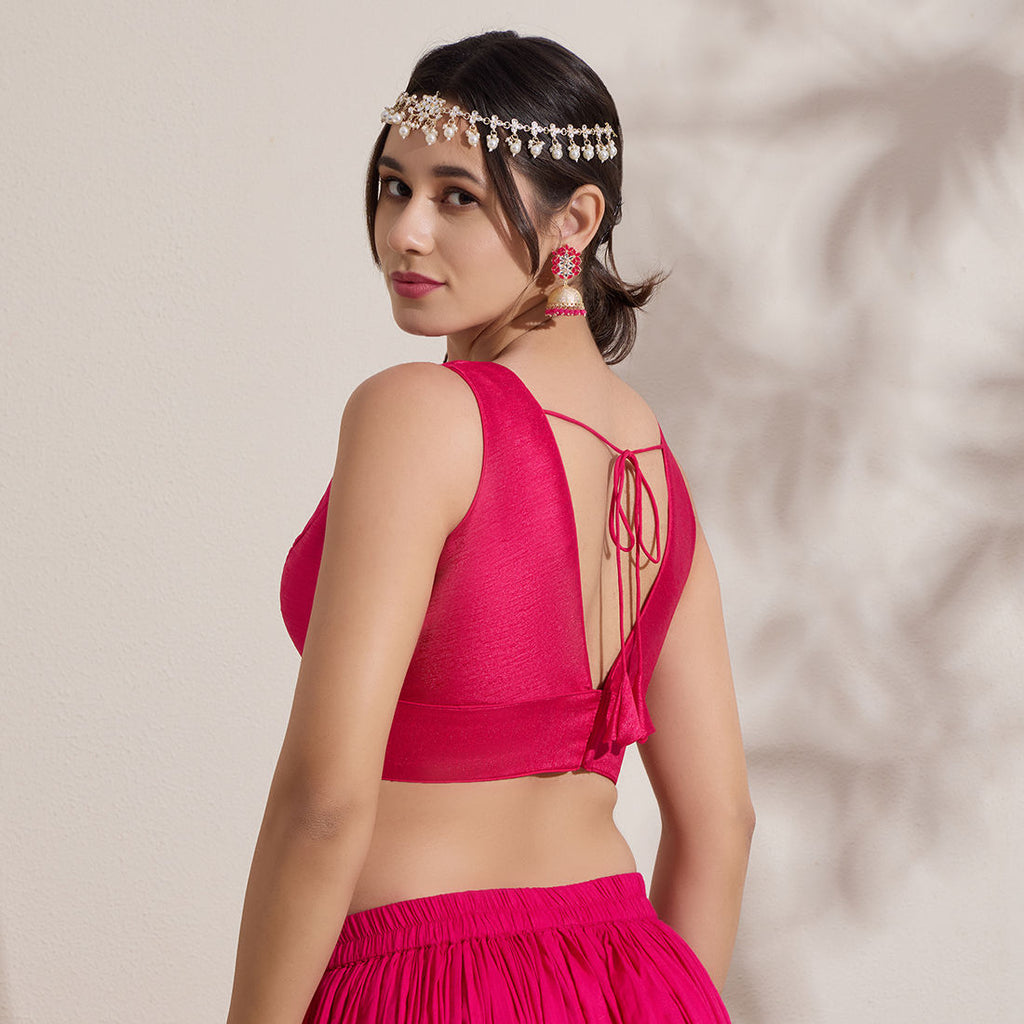 The Blouse Originals Pink Silk Deep V Neck Sleeveless Padded Readymade Saree Blouse