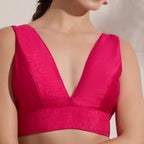The Blouse Originals Pink Silk Deep V Neck Sleeveless Padded Readymade Saree Blouse