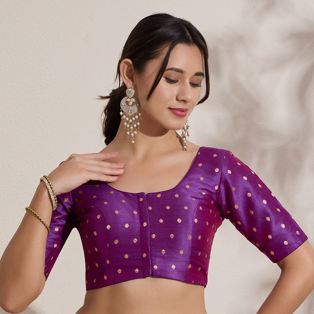 The Blouse Originals Purple Butti Silk Embellished Readymade Saree Blouse