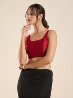 The Blouse Originals Red Silk Round Neck Solid Padded Sleeveless Readymade Saree Blouse