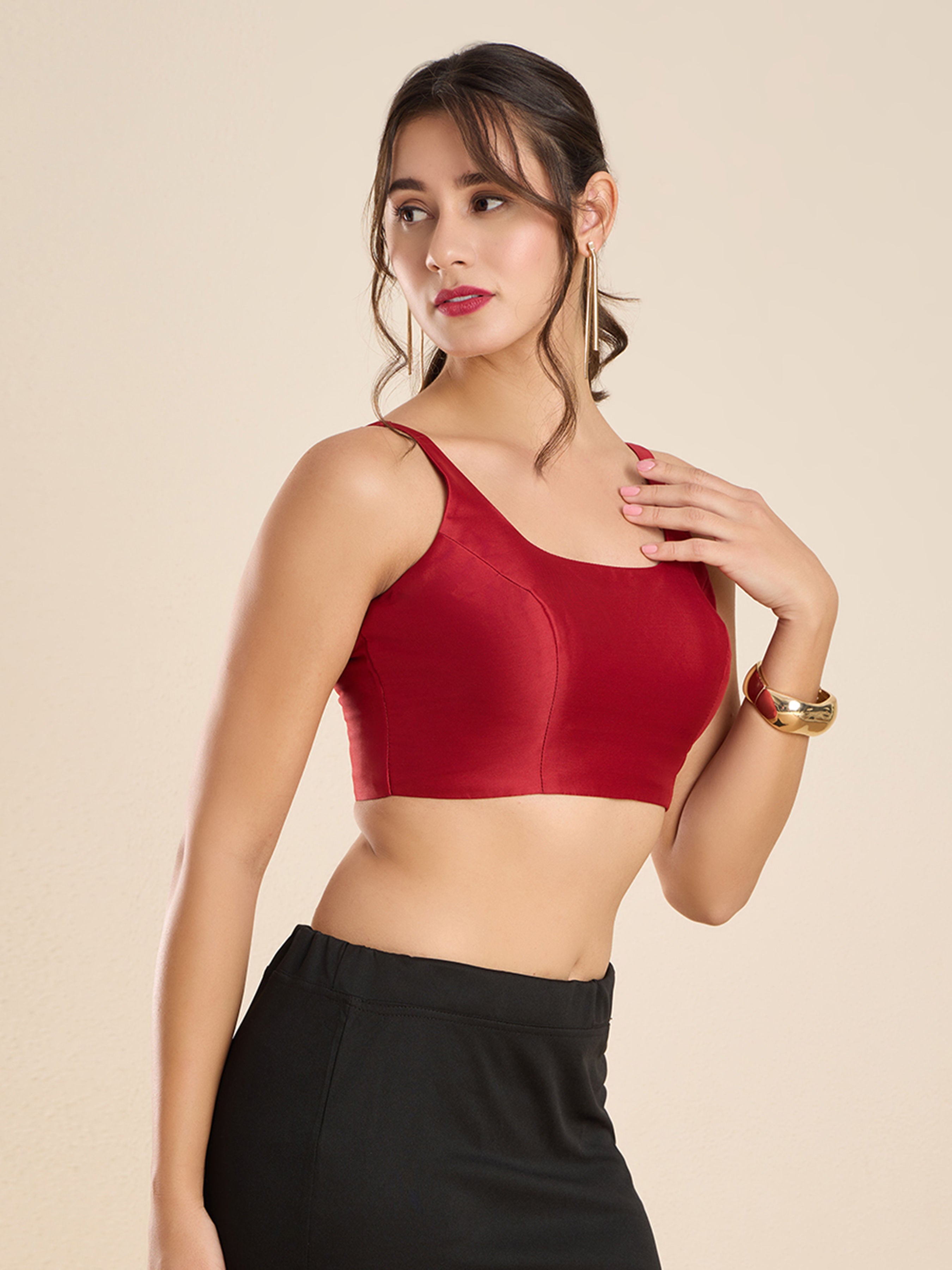 The Blouse Originals Red Silk Round Neck Solid Padded Sleeveless Readymade Saree Blouse