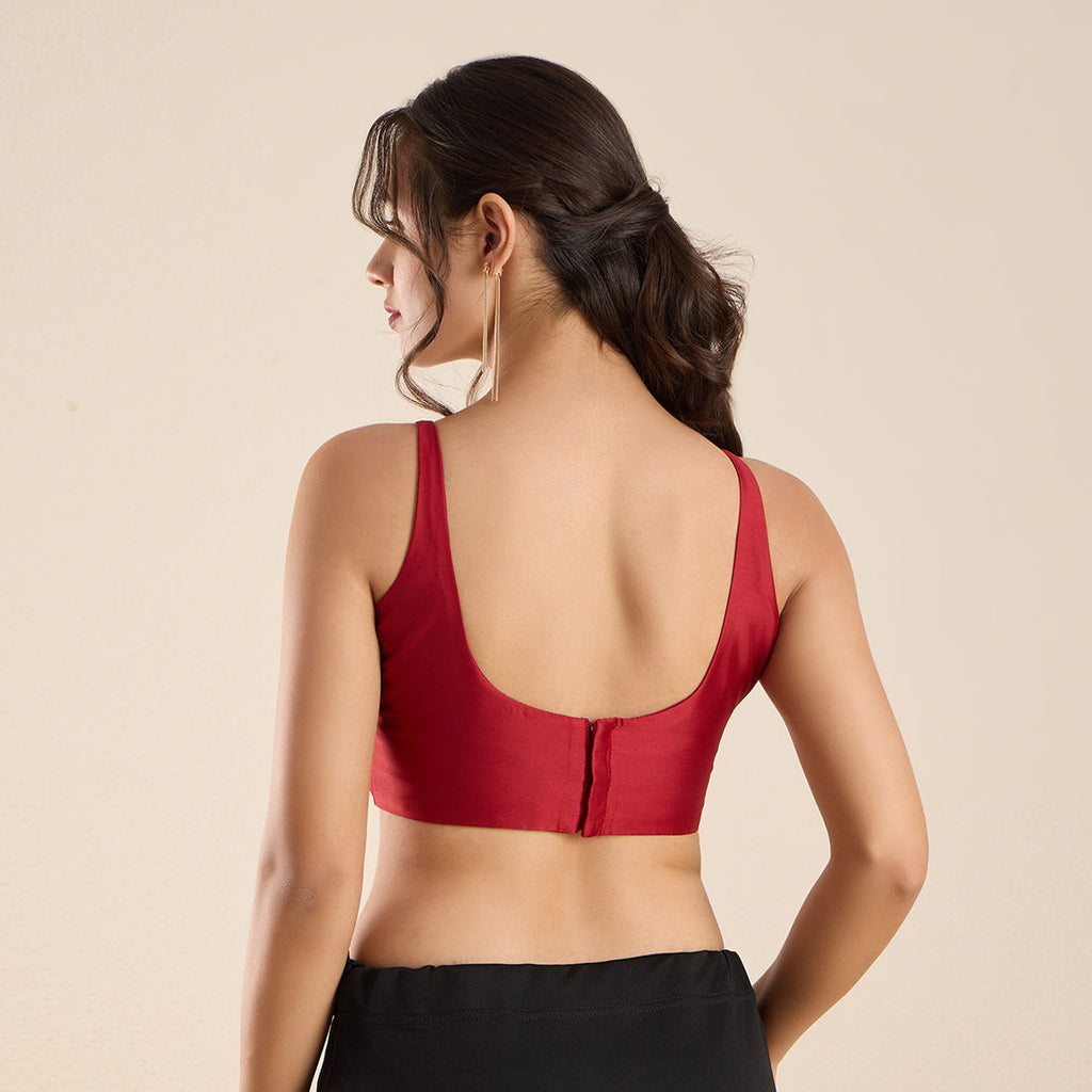 The Blouse Originals Red Silk Round Neck Solid Padded Sleeveless Readymade Saree Blouse