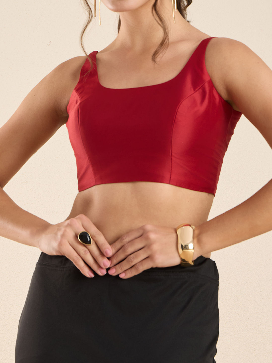 The Blouse Originals Red Silk Round Neck Solid Padded Sleeveless Readymade Saree Blouse