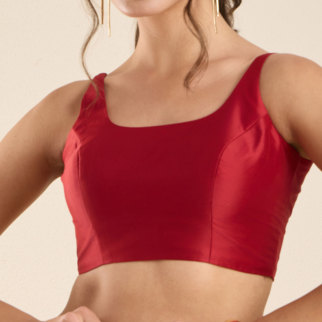 The Blouse Originals Red Silk Round Neck Solid Padded Sleeveless Readymade Saree Blouse