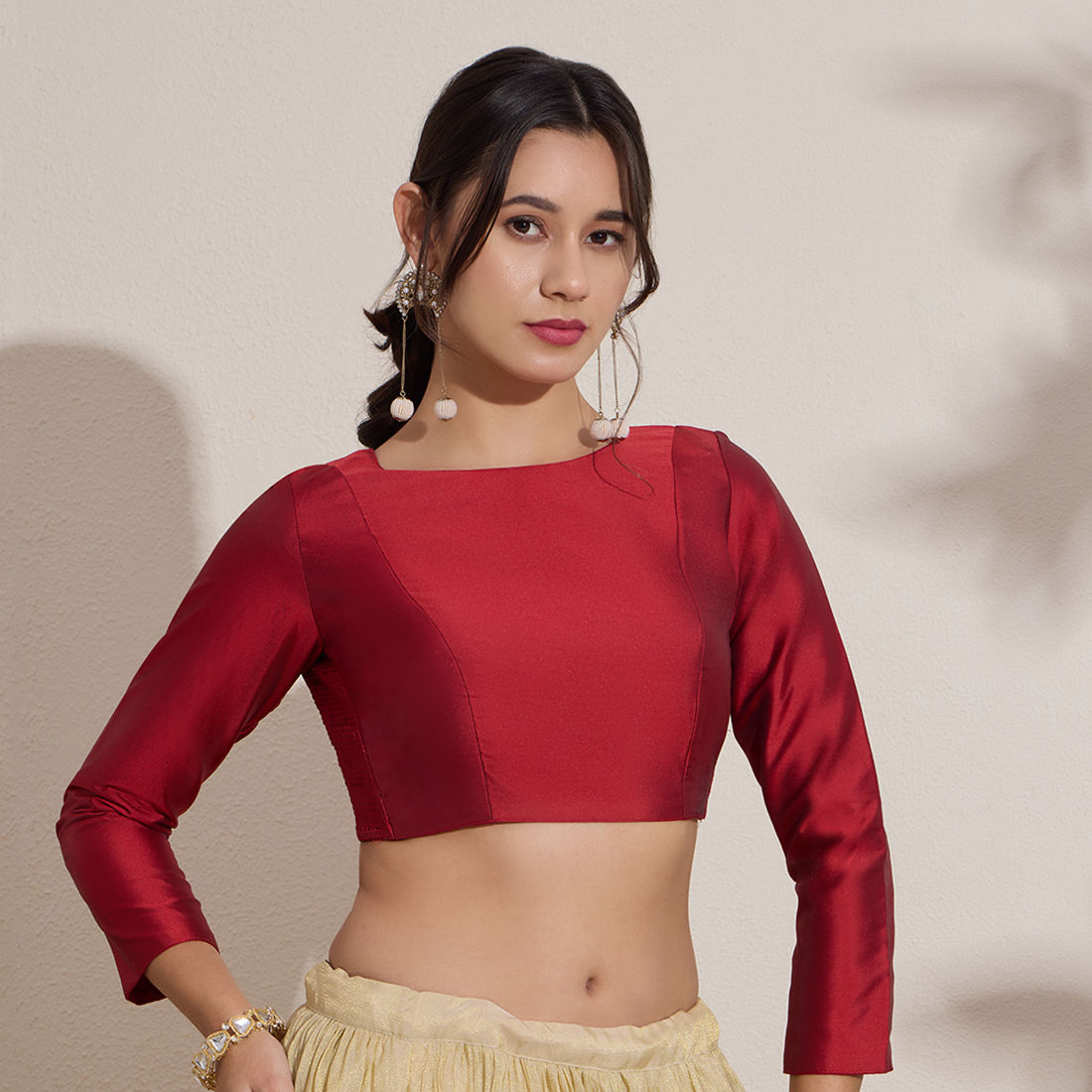 The Blouse Originals Stretchable Red Silk Round Neck Flexi Fit Readymade Saree Blouse