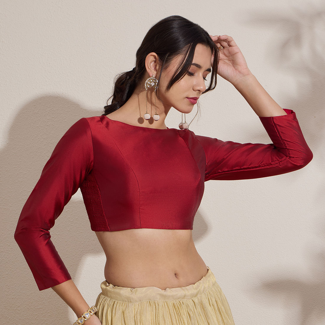 The Blouse Originals Stretchable Red Silk Round Neck Flexi Fit Readymade Saree Blouse