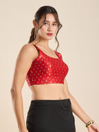 The Blouse Originals Red Zari Round Neck Padded Sleeveless Readymade Saree Blouse