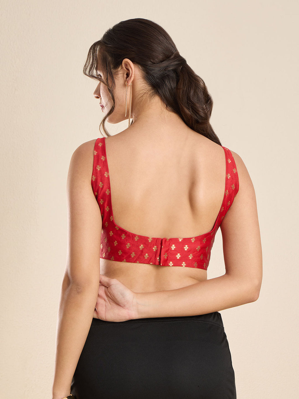 The Blouse Originals Red Zari Round Neck Padded Sleeveless Readymade Saree Blouse