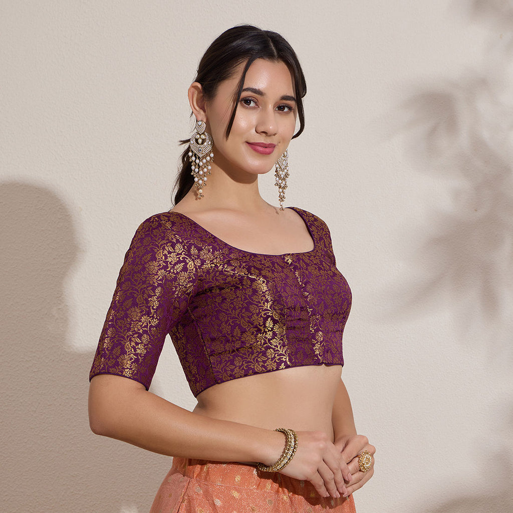 The Blouse Originals Purple Brocade Woven Design Zari Readymade Saree Blouse